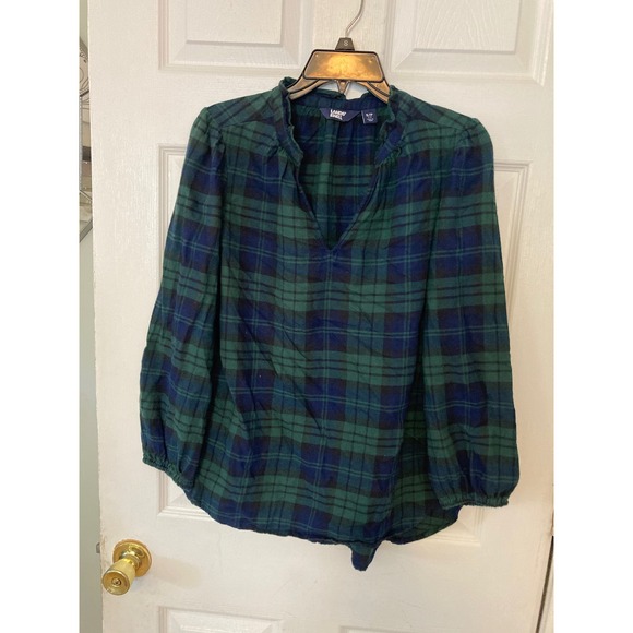 Lands' End Tops - Lands End Womens Green Navy Plaid Ruffle Neck Puff Sleeve Blouse Top Small